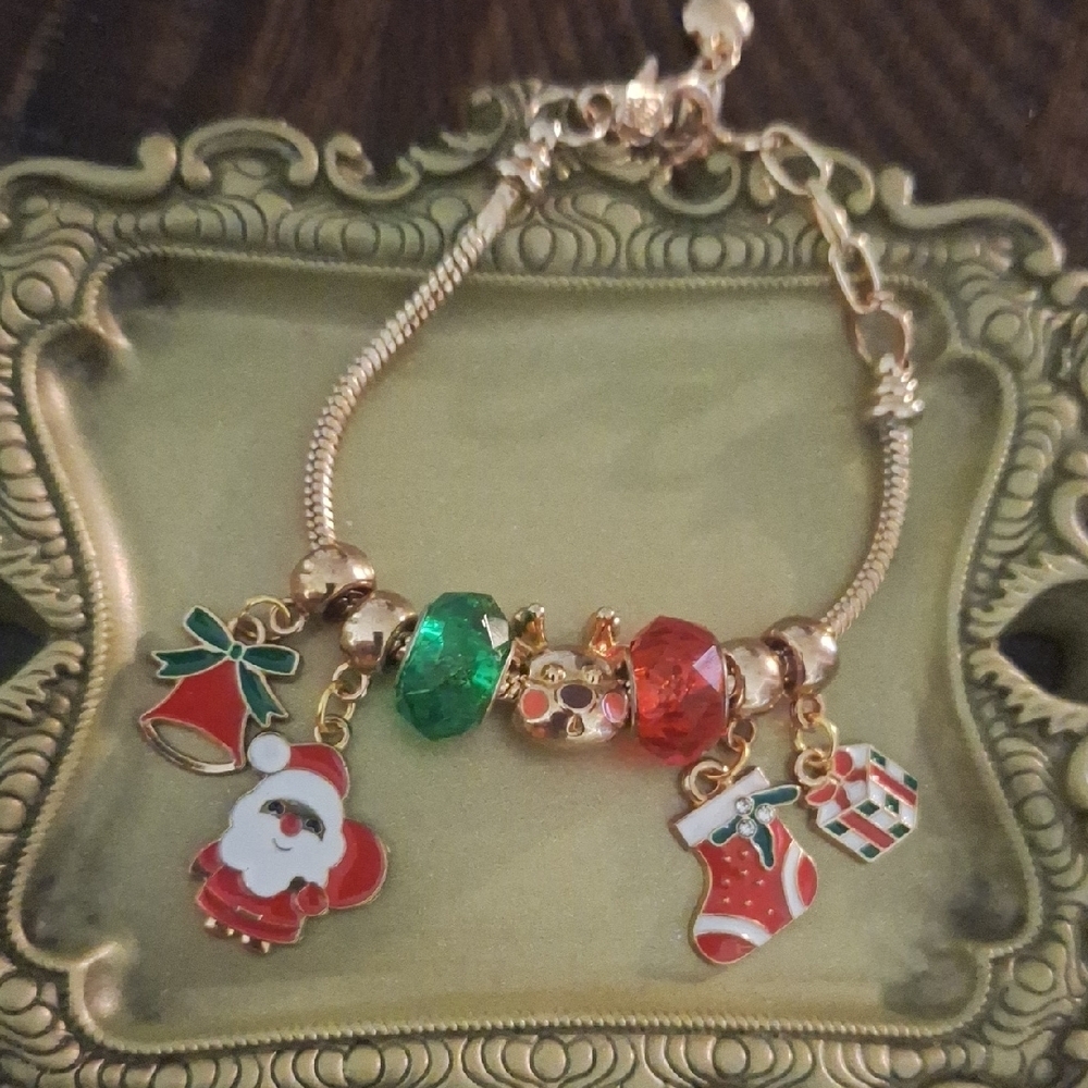 Holiday Festive Gold Charm Bracelet with Red and Green Accents